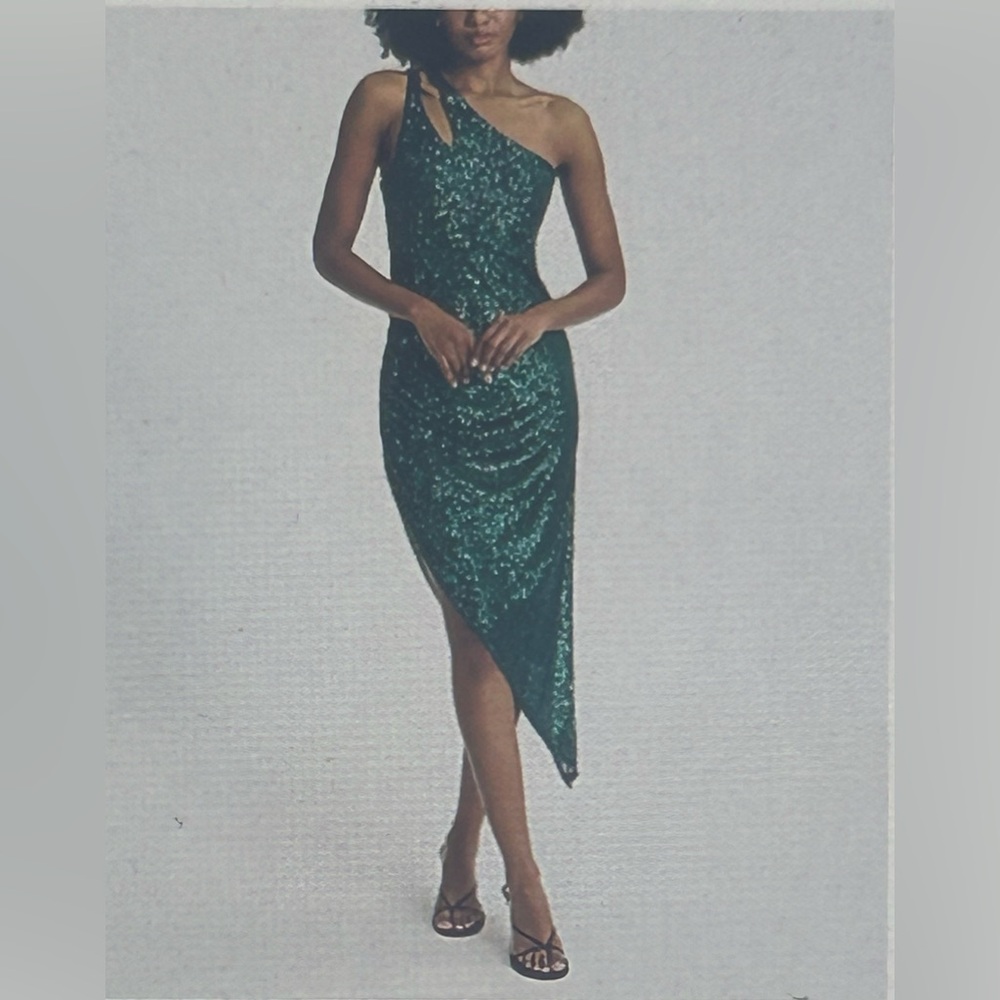 Express One-Shoulder Asymmetrical Sequin Dress Green New